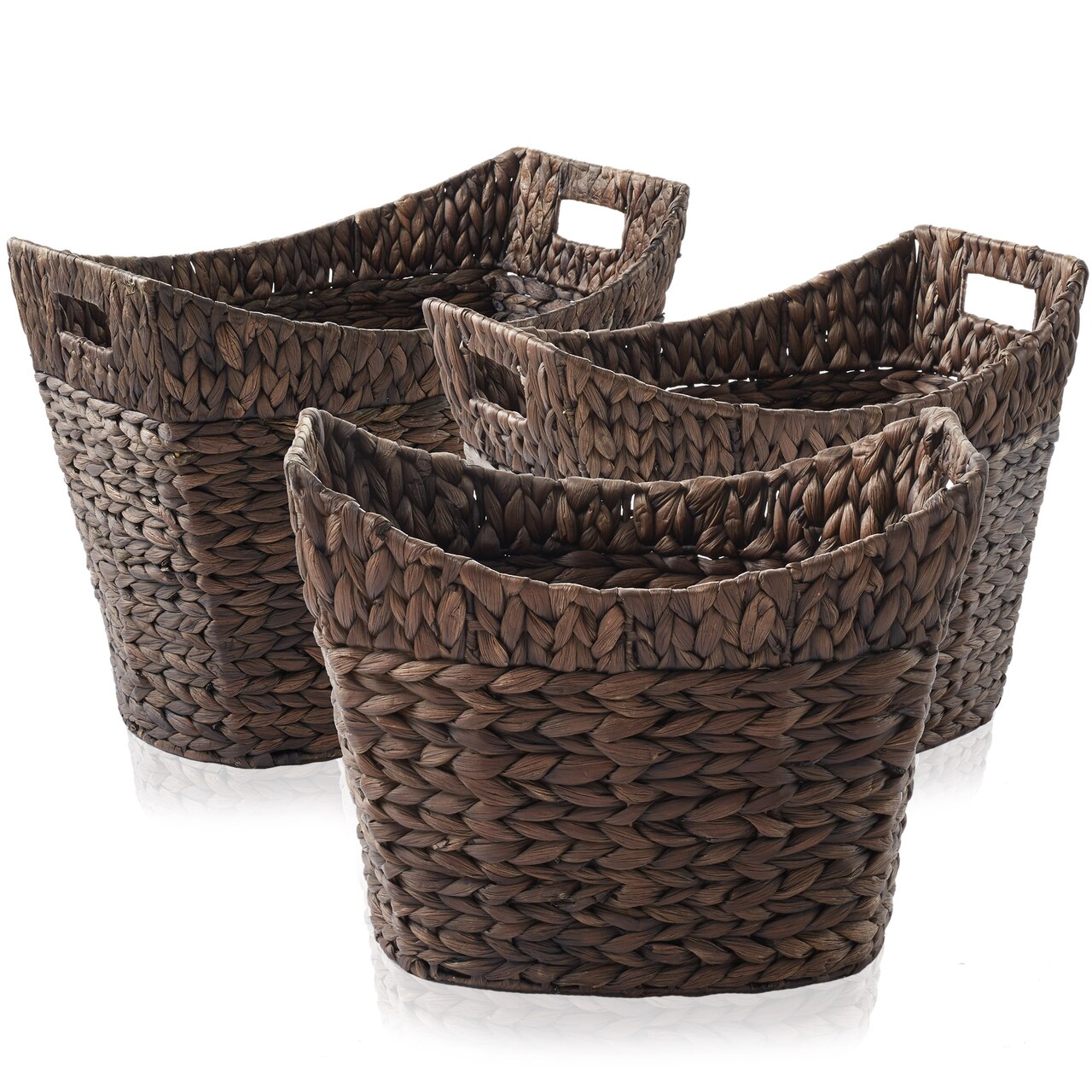 Casafield Set of 3 Stackable Oval Laundry Baskets with Handles, Woven Water Hyacinth Storage Totes for Throw Blankets, Bathroom, Bedroom, Living Room